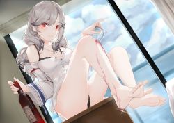 Rule 34 | 1girl, alcohol, azur lane, barefoot, black panties, blush, bra, dunkerque (afternoon venus) (azur lane), dunkerque (azur lane), feet, grey hair, hair ornament, hairclip, head tilt, highres, jewelry, long hair, looking at viewer, necklace, open clothes, open shirt, panties, pantyshot, pouring, pouring onto self, red eyes, sitting, smile, soles, solo, spread toes, swept bangs, toes, underwear, wine
