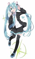 Rule 34 | 1girl, ;d, ahoge, arm up, black jacket, black skirt, black thighhighs, blue footwear, blue hair, blue necktie, blush, collared shirt, commentary request, fang, full body, green eyes, hair between eyes, hand up, hatsune miku, high heels, highres, holding, holding microphone, jacket, long hair, long sleeves, looking at viewer, microphone, necktie, one eye closed, open clothes, open jacket, open mouth, pleated skirt, shirt, shoes, simple background, skirt, smile, solo, sparkle, standing, standing on one leg, tantan men (dragon), thighhighs, tie clip, twintails, very long hair, vocaloid, white background, white shirt