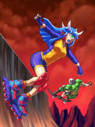 Rule 34 | 1boy, 1girl, armor, blue hair, blue shorts, boots, cacodemon, demon girl, doom (series), doomguy, elbow pads, fingerless gloves, gloves, green armor, green eyes, halfpipe, helmet, highres, horns, inline skates, knee pads, long hair, multicolored footwear, multicolored shirt, open mouth, outstretched arms, personification, pointy ears, raglan sleeves, red sky, roller skates, shorts, single eye, skateboard, skateboarding, skates, skating, sky, substance20