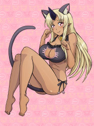 Rule 34 | 1girl, animal ears, blonde hair, blush, breasts, cat ears, cat lingerie, cat tail, cleavage, cleavage cutout, clothing cutout, dark skin, dark-skinned female, female focus, full body, horns, large breasts, long hair, meme attire, monster girl, monster musume no iru nichijou, oni, pointy ears, red eyes, single horn, smile, solo, tail, tionishia