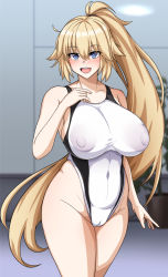 Rule 34 | 1girl, bare shoulders, blonde hair, blue eyes, blush, breasts, cleft of venus, collarbone, competition swimsuit, covered erect nipples, fate/grand order, fate (series), high ponytail, highleg, highleg swimsuit, jeanne d&#039;arc (fate), jeanne d&#039;arc (swimsuit archer) (fate), jeanne d&#039;arc (swimsuit archer) (second ascension) (fate), large breasts, long hair, looking at viewer, muta poo, one-piece swimsuit, open mouth, smile, solo, swimsuit, thighs, very long hair