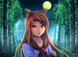 Rule 34 | 1girl, animal ear fluff, animal ears, arm up, artist name, backlighting, bamboo, bamboo forest, blue dress, brooch, brown hair, chestnut mouth, collarbone, commentary request, dress, fangs, fireflies, forest, full moon, highres, holding another&#039;s arm, imaizumi kagerou, jewelry, long hair, looking at viewer, lower teeth only, moon, nature, night, open mouth, outdoors, red eyes, shawl, solo, swept bangs, teeth, torinosukei, touhou, upper body, wolf ears