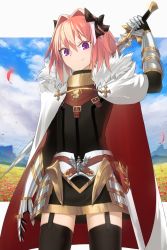 Rule 34 | 1boy, absurdres, armor, asteroid ill, astolfo (fate), bad id, bad pixiv id, black thighhighs, blue sky, bright pupils, cape, closed mouth, cloud, cloudy sky, cowboy shot, day, fate/grand order, fate (series), field, flower, flower field, garter straps, gauntlets, gorget, hair between eyes, hand up, highres, holding, holding sword, holding weapon, looking at viewer, male focus, multicolored cape, multicolored clothes, outdoors, petals, pink hair, purple eyes, red cape, sky, smile, solo, sword, thighhighs, trap, weapon, weapon on back, white cape