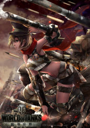 Rule 34 | 1girl, ammunition, armor, bad id, bad pixiv id, bare shoulders, boots, brown hair, cannon, chinese text, couter, creamsea, firing, green eyes, hat, military, military vehicle, motor vehicle, profile, scarf, shell (projectile), shorts, smoke, solo, tank, thigh strap, vambraces, world of tanks