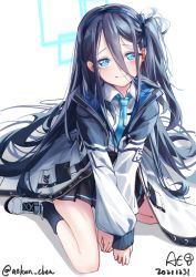 Rule 34 | 1girl, absurdly long hair, aekun cben, aris (blue archive), black hair, black socks, blue archive, blue eyes, collared shirt, commentary request, from above, hair between eyes, hair ornament, halo, highres, hood, hooded coat, long hair, long hair between eyes, long sleeves, looking at viewer, looking up, necktie, one side up, pleated skirt, pocket, school uniform, shirt, shoes, sidelocks, signature, simple background, sitting, skirt, smile, sneakers, socks, solo, twitter username, very long hair, wariza