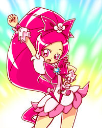 Rule 34 | 10s, 1girl, :p, bow, brooch, choker, cure blossom, dress, female focus, flower, gradient background, hair flower, hair ornament, hair ribbon, hanasaki tsubomi, hand on own hip, happy, heart, heartcatch precure!, highres, hip focus, jewelry, long hair, magical girl, omochi100ko, open mouth, pink eyes, pink hair, ponytail, precure, ribbon, solo, tongue, tongue out, wrist cuffs