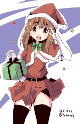 Rule 34 | 1girl, belt, black belt, black thighhighs, blunt bangs, bow, bowtie, brown eyes, brown hair, capelet, christmas, christmas ornaments, commentary, cowboy shot, dated, dress, elbow gloves, fur-trimmed capelet, fur-trimmed dress, fur trim, gift, girls und panzer, gloves, green bow, green bowtie, hat, long hair, looking at viewer, open mouth, pleated dress, red capelet, red dress, red hat, santa dress, santa hat, short dress, smile, solo, standing, star (symbol), takebe saori, thighhighs, tom q (tomtoq), twitter username, v, white gloves
