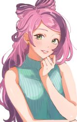 Rule 34 | 1girl, alternate costume, bare arms, blush, breasts, commentary request, creatures (company), earrings, eyelashes, game freak, green eyes, green shirt, grin, hand up, highres, jewelry, long hair, looking at viewer, miriam (pokemon), nintendo, osg pk, pink hair, pokemon, pokemon sv, ribbed shirt, shirt, sleeveless, small breasts, smile, solo, teeth, upper body, white background