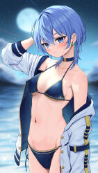 Rule 34 | 1girl, arm up, bikini, blue bikini, blue choker, blue eyes, blue hair, bowsan, breasts, choker, collarbone, cowboy shot, earrings, full moon, highres, hololive, hoshimachi suisei, jacket, jewelry, moon, navel, night, night sky, ocean, off shoulder, open clothes, open jacket, parted lips, short hair, sky, small breasts, solo, star (symbol), star earrings, star in eye, stud earrings, swimsuit, symbol in eye, virtual youtuber, wet, white jacket