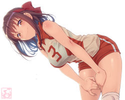Rule 34 | 1girl, bad id, bad pixiv id, bent over, blush, breasts, brown eyes, brown hair, girls und panzer, hands on own thighs, headband, knee pads, kondou taeko, large breasts, looking at viewer, pairan, red headband, red shorts, shirt, short hair, short shorts, shorts, sleeveless, sleeveless shirt, smile, solo, sportswear, volleyball uniform