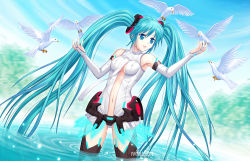 Rule 34 | 1girl, aqua eyes, aqua hair, bird, breasts, bridal gauntlets, elbow gloves, covered erect nipples, gloves, hatsune miku, hatsune miku (append), long hair, navel, necktie, shin arc, solo, thighhighs, twintails, underboob, very long hair, vocaloid, vocaloid append, water