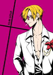 Rule 34 | 1boy, blonde hair, cigarette, commentary request, facial hair, flower, hair over one eye, highres, long sleeves, male focus, mouth hold, one piece, open clothes, open shirt, purple background, sanji (one piece), short hair, simple background, smile, sorase (srsrs 000), sunglasses, teeth