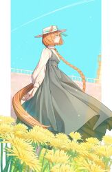 Rule 34 | absurdres, animal ears, arms behind back, bow, braid, braided ponytail, brown hair, chrysanthemum, collar, collared shirt, contrail, daisy, dress, ear bow, ears through headwear, floating clothes, floating hair, flower, glasses, green dress, grey-framed eyewear, hat, highres, horse ears, horse girl, horse tail, ikuno dictus (umamusume), implied yuri, isana615, long sleeves, looking at another, multicolored hair, pillarboxed, round eyewear, shirt, sleeve cuffs, smile, sun hat, tail, umamusume, white shirt