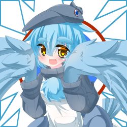 Rule 34 | 1girl, :d, apron, blue hair, blue wings, blush, borrowed character, brown eyes, commentary request, feathered wings, grey hat, grey sweater, hair between eyes, harpy, hat, kanijiru, long hair, long sleeves, monster girl, open mouth, original, personification, ribbed sweater, smile, solo, sweater, thick eyebrows, turtleneck, turtleneck sweater, upper body, white apron, winged arms, wings, world of tanks