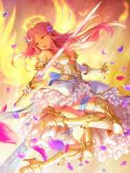 Rule 34 | 1girl, armor, ass, bad id, bad pixiv id, bare shoulders, breasts, casasak, dress, earrings, flower, frilled dress, frills, full body, gauntlets, greaves, hair flower, hair ornament, halo, high heels, highres, jewelry, jumping, bridal garter, looking back, medium breasts, open mouth, petals, petticoat, pink hair, purple flower, purple rose, rose, solo, sparkle, sword, weapon, wings, yellow eyes