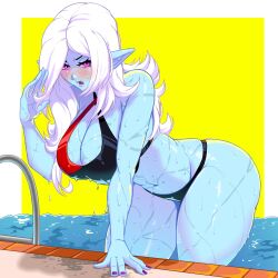Rule 34 | 1girl, artist request, bikini, blush, breasts, cleavage, dragon ball, dragon ball heroes, dragon ball online, dragon ball xenoverse, dripping, female focus, highres, large breasts, long hair, looking at viewer, pointy ears, purple eyes, solo, swimsuit, tagme, towa (dragon ball), white hair