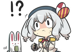 Rule 34 | !?, 1girl, @ @, absurdres, beret, bow, chibi, commentary request, cup, ehoumaki, epaulettes, food, goma (gomasamune), hair between eyes, hat, highres, holding, holding food, jacket, kantai collection, kashima (kancolle), long sleeves, makizushi, military, military uniform, rabbit, sidelocks, silver hair, surprised, sushi, sweatdrop, twintails, uniform, upper body, wide-eyed, yunomi