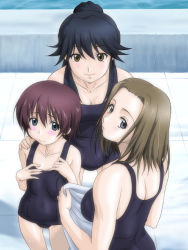 Rule 34 | 00s, 3girls, age difference, back, black one-piece swimsuit, blue eyes, blue hair, blush stickers, breast envy, breast suppress, breasts, brown eyes, brown hair, child, cleavage, embarrassed, flat chest, from behind, hand on shoulder, hitotsubashi yurie, kamichu!, kotobuki hajime, large breasts, long hair, looking at viewer, looking back, multiple girls, one-piece swimsuit, outdoors, ponytail, pool, poolside, purple hair, saegusa matsuri, school swimsuit, shadow, shijou mitsue, shijou mitsuki, short hair, smile, standing, swimsuit, towel, upper body, water, wet