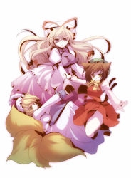 Rule 34 | 3girls, animal ears, blonde hair, bow, bowtie, breasts, brown hair, cat ears, cat girl, cat tail, chen, cleavage, dress, female focus, fox tail, hat, long hair, multiple girls, multiple tails, outstretched arms, ribbon, shinolion, short hair, simple background, skirt, smile, spread arms, tail, takitsume shino, touhou, yakumo ran, yakumo yukari