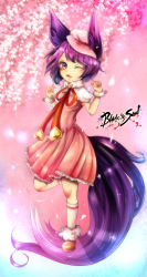 Rule 34 | 10s, 1girl, absurdres, akai (date good), animal ear fluff, animal ears, blade &amp; soul, cherry blossoms, copyright name, dress, fox ears, hat, highres, kneehighs, long tail, lyn (blade &amp; soul), one eye closed, open mouth, pink dress, purple eyes, purple hair, shoes, short hair, smile, socks, solo, standing, standing on one leg, tail