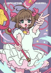 Rule 34 | 1girl, brown hair, cardcaptor sakura, clow card, collarbone, commentary request, copyright name, dated, dress, green eyes, grey background, hair ribbon, highres, holding, holding wand, kinomoto sakura, neki (wakiko), open mouth, outstretched arms, pink ribbon, puffy short sleeves, puffy sleeves, ribbon, short sleeves, solo, standing, star (symbol), twitter username, two side up, wand, white dress