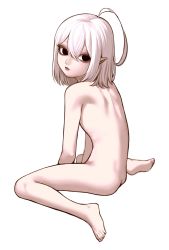 Rule 34 | 1boy, ahoge, ass, black eyes, eyeshadow, highres, lipstick, looking at viewer, makeup, male focus, medium hair, nude, ohayousan 084, original, pale skin, pointy ears, simple background, sitting, solo, trap, turning head, wariza, white background, white hair