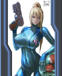 1girl absurdres alien artist_name blonde_hair blue_bodysuit blue_eyes bodysuit breasts closed_mouth commentary_request covered_collarbone covered_erect_nipples covered_navel gun hair_between_eyes hair_tie hand_up handgun high_ponytail highres holding holding_gun holding_weapon holster huge_breasts large_breasts lips long_hair long_sleeves looking_at_viewer metroid metroid_(creature) mole mole_under_mouth morph_ball nintendo open_door paralyzer ponytail samus_aran shiny_clothes sidelocks signature skin_tight tomo_eokaiteru trigger_discipline turtleneck weapon white_background zero_suit