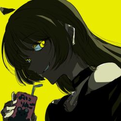Rule 34 | 1girl, ahoge, black choker, blonde hair, bocchi the rock!, choker, drink, drinking straw, dutch angle, grin, highres, holding, holding drink, ijichi seika, juice box, long hair, looking at viewer, portrait, smile, solo, yellow background, yellow eyes, yukahire