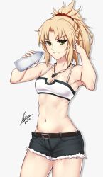 Rule 34 | 1girl, airisubaka, bandeau, belt, belt buckle, blonde hair, blush, bottle, braid, breasts, buckle, cleavage, denim, denim shorts, fate/apocrypha, fate (series), french braid, green eyes, grey background, hair ornament, hair scrunchie, hand in own hair, highres, holding, holding bottle, jewelry, looking at viewer, medium breasts, mordred (fate), mordred (fate/apocrypha), mordred (memories at trifas) (fate), navel, parted lips, pendant, ponytail, red scrunchie, scrunchie, shorts, signature, simple background, smile, solo, stomach, sweat, thighs, toned, water bottle