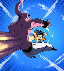 Rule 34 | absurdres, black eyes, black hair, dragon ball, flying, highres, majin buu, muscular, muscular male, potential unleashed, punching, serious, son gohan, spiked hair, super buu, tagme, ultimate gohan