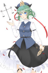 Rule 34 | 1girl, antenna hair, belt, black belt, black skirt, blue eyes, blue headwear, blue vest, blush, breasts, buttons, commentary request, dated, feet out of frame, frilled skirt, frills, green hair, holding, long sleeves, looking at viewer, open mouth, pointy ears, rod of remorse, shiki eiki, shirt, short hair, signature, simple background, skirt, small breasts, solo, touhou, vest, waha (waha hina128), weighing scale, white background, white shirt