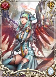 Rule 34 | 1girl, angelus ex machina, card (medium), long hair, looking at viewer, magnus ignis, multicolored hair, official art, solo, thighhighs, wings