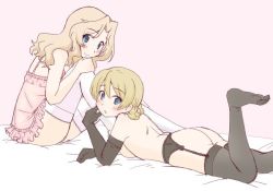 Rule 34 | 2girls, :o, ass, babydoll, back, bed sheet, black gloves, black legwear, blonde hair, blue eyes, blush, braid, breasts, closed mouth, commentary request, darjeeling (girls und panzer), elbow gloves, garter belt, girls und panzer, gloves, hair intakes, hugging own legs, kay (girls und panzer), lace, lace-trimmed legwear, lace trim, leaning forward, leg up, lingerie, long hair, looking at viewer, looking back, lying, medium breasts, multiple girls, no bra, no panties, on bed, on stomach, open mouth, pink babydoll, pink background, short hair, sideboob, sitting, smile, swept bangs, thighhighs, thighs, underwear, uona telepin, white legwear