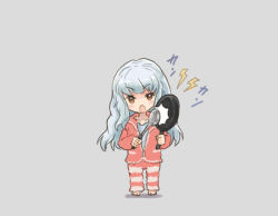 Rule 34 | 1girl, alternate costume, commentary request, frying pan, full body, grey background, kantai collection, ladle, long hair, looking at viewer, murakumo (kancolle), open mouth, orange eyes, saiguchi otoufu, silver hair, simple background, sleepwear, solo, standing
