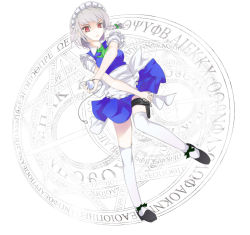 Rule 34 | 1girl, braid, childofa, female focus, full body, hat, izayoi sakuya, knife, magic circle, maid, pocket watch, red eyes, short hair, silver hair, solo, embodiment of scarlet devil, thigh strap, thighhighs, throwing knife, touhou, twin braids, watch, weapon, white background