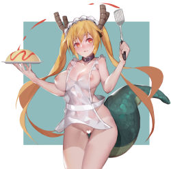 Rule 34 | 10s, 1girl, absurdres, apron, aqua background, bad id, bad pixiv id, bare arms, blonde hair, blue eyes, blush, border, breasts, censored, collar, cowboy shot, dragon girl, dragon horns, dragon tail, fang, fingernails, food, heart, heart censor, highres, holding, holding plate, horns, ketchup, kobayashi-san chi no maidragon, large breasts, large tail, long hair, looking at viewer, maid, maid headdress, naked apron, navel, nipples, omelet, omurice, open mouth, outside border, parted lips, plate, rotain, see-through, side ponytail, simple background, slit pupils, solo, spatula, tail, thigh gap, tohru (maidragon), twintails, white apron, white border