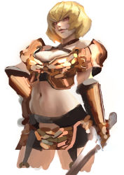 Rule 34 | 1girl, absurdres, armor, blonde hair, breastplate, breasts, cleavage, cleavage cutout, clementine (overlord), clothing cutout, commentary request, criss-cross halter, cropped legs, dnjswns178, evil smile, halterneck, hand on own hip, highres, holding, holding sword, holding weapon, large breasts, lips, looking at viewer, midriff, navel, nose, overlord (maruyama), pauldrons, red eyes, short hair, shoulder armor, sketch, smile, solo, sword, weapon, white background