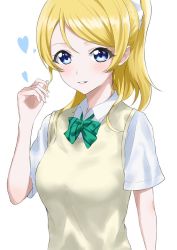 Rule 34 | 1girl, artist name, artist request, ayase eli, blonde hair, blue eyes, blush, bow, bowtie, breasts, collared shirt, female focus, green bow, hair between eyes, hair ornament, hair scrunchie, heart, heart (symbol), high ponytail, long hair, long sleeves, looking at viewer, love live!, love live! school idol project, medium breasts, nail, nail polish, otonokizaka school uniform, parted lips, pink nails, pink nails, playing with own hair, ponytail, school uniform, scrunchie, shirt, short hair, short sleeves, smile, solo, striped, striped bow, sweater vest, teeth, upper body, vest, white background, white scrunchie, white shirt, yellow vest