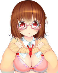 Rule 34 | 1girl, between breasts, blush, bra, breasts, brown hair, clothes lift, colorized, glasses, highres, kkmm 0216, lifting own clothes, mole, mole on breast, revision, shirt lift, short hair, simple background, solo, sweater, sweater lift, underwear, white background