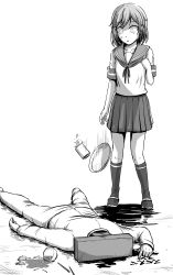 Rule 34 | 1boy, 1girl, absurdres, bandaid, bandaid on cheek, bandaid on face, blood, blood writing, bowl, chopsticks, cup, dropping, face down, greyscale, h2 (h20000000), highres, kantai collection, kneehighs, lying, miniskirt, monochrome, motion lines, oboro (kancolle), on stomach, pleated skirt, school uniform, serafuku, skirt, socks, surprised, t-head admiral, translation request, tray