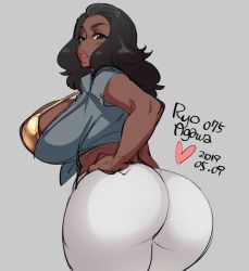 Rule 34 | 1girl, agawa ryou, ass, bikini, bikini top only, black eyes, black hair, breasts, dark skin, commentary, curvy, dark skin, dark-skinned female, dated, front-tie top, grey background, hand on own hip, heart, huge ass, huge breasts, lips, lipstick, looking back, makeup, original, pants, sideboob, sketch, solo, strap gap, swimsuit, thick lips, tight clothes, tight pants, very dark skin, yellow bikini, yoga pants