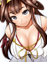 Rule 34 | 10s, 1girl, arms behind back, bad id, bad pixiv id, bare shoulders, breasts, brown hair, cleavage, collarbone, detached sleeves, double bun, from above, hair bun, kantai collection, kongou (kancolle), large breasts, leaning forward, long hair, looking at viewer, maeda r44, nontraditional miko, purple eyes, simple background, smile, solo