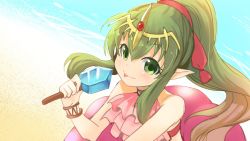 Rule 34 | 1girl, bare shoulders, beach, day, fire emblem, fire emblem: mystery of the emblem, fire emblem heroes, food, green eyes, green hair, hair ribbon, highres, long hair, nakabayashi zun, nintendo, pink one-piece swimsuit, pointy ears, ponytail, popsicle, red ribbon, ribbon, sand, solo, swimsuit, tiara, tiki (fire emblem), tiki (young) (fire emblem), tongue, tongue out, water