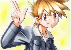 Rule 34 | 1boy, blonde hair, blue oak, breast pocket, brown eyes, collarbone, commentary, creatures (company), game freak, grey jacket, hand up, highres, jacket, jewelry, leather, leather jacket, male focus, necklace, nintendo, oka mochi, parted lips, pocket, pokemon, pokemon hgss, shirt, short hair, smile, solo, spiked hair, traditional media, upper body, white shirt, yellow background