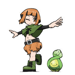 Rule 34 | 1girl, ;), belt, black belt, black hair, blacknirrow, boots, budew, capelet, closed mouth, commentary, creatures (company), crop top, english commentary, full body, game freak, gardenia (pokemon), gen 4 pokemon, green capelet, green footwear, leg up, multicolored hair, navel, nintendo, one eye closed, orange eyes, orange hair, orange shorts, pokemon, pokemon (creature), pokemon dppt, short hair, shorts, simple background, smile, split mouth, standing, standing on one leg, two-tone hair, white background