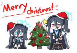 Rule 34 | &lt;key&gt; (blue archive), 2girls, absurdly long hair, aris (blue archive), black hair, black hairband, black skirt, blue archive, blue eyes, blue halo, blue necktie, blush, christmas, christmas ornaments, christmas tree, collared shirt, hairband, halo, highres, jacket, long hair, long sleeves, merry christmas, multiple girls, necktie, one side up, open clothes, open jacket, open mouth, pleated skirt, red eyes, shirt, simple background, skirt, smile, two-sided fabric, two-sided jacket, very long hair, white background, white jacket, white shirt, yanggaengwang