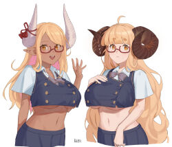 Rule 34 | 2girls, ahoge, anila (granblue fantasy), blonde hair, breasts, commentary, cropped legs, dark-skinned female, dark skin, fikkyun, glasses, granblue fantasy, highres, horns, kumbhira (granblue fantasy), large breasts, long hair, multiple girls, open mouth, pointy ears, shirt, signature, simple background, smile, sweatdrop, symbol-only commentary, teeth, underboob, upper teeth only, white background, white shirt