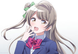 Rule 34 | 1girl, blue jacket, bow, bowtie, brown eyes, collared shirt, commentary, commentary request, grey hair, jacket, long hair, long sleeves, looking at viewer, love live!, love live! school idol project, minami kotori, one side up, open mouth, otonokizaka school uniform, red bow, red bowtie, school uniform, shirt, sidelocks, solo, striped bow, striped bowtie, striped clothes, surufuji, swept bangs, teeth, upper body, upper teeth only, white background, white shirt, winter uniform