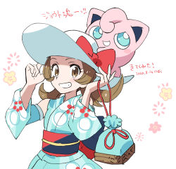 Rule 34 | 1girl, bare shoulders, blush, bow, brown eyes, brown hair, commentary request, creatures (company), dated, eyelashes, game freak, gen 1 pokemon, hands on headwear, hat, hat bow, holding, jigglypuff, looking at viewer, lyra (pokemon), lyra (summer 2020) (pokemon), nibo (att 130), nintendo, official alternate costume, on head, pokemon, pokemon (creature), pokemon masters ex, pokemon on head, sash, sketch, smile, sun hat, translation request