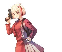 Rule 34 | 1girl, aoi hane, blonde hair, blue ribbon, blush, bob cut, closed mouth, collared shirt, commentary request, cowboy shot, dress, dutch angle, grey dress, gun, hair ribbon, hand on own hip, hand up, highres, inoue takina, long sleeves, looking at viewer, looking back, lycoris recoil, lycoris uniform, neck ribbon, nishikigi chisato, one side up, pleated dress, red dress, red eyes, red ribbon, ribbon, shirt, sidelocks, simple background, solo, trigger discipline, two-tone dress, variant set, weapon, weapon request, white background, white shirt